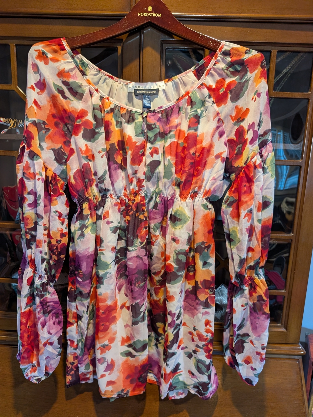 Boston Proper Floral Peasant Blouse in White, Red, Purple